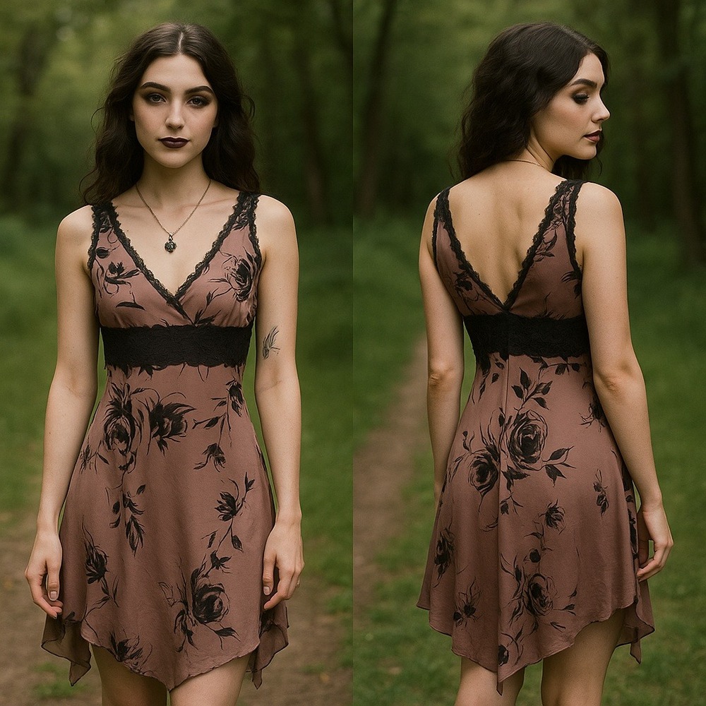 Whimsigoth 12 Fairycore Y2K Silk Beige Pink Ombre Lace Semi Sheer Beaded‎ Dress